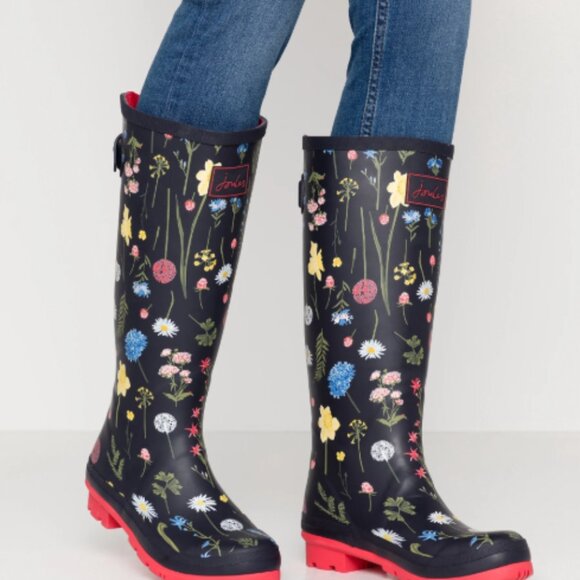 Joules Tall Navy Floral Welly Boots – Waterproof Rain Boots, Size 6 NWT - Picture 1 of 10